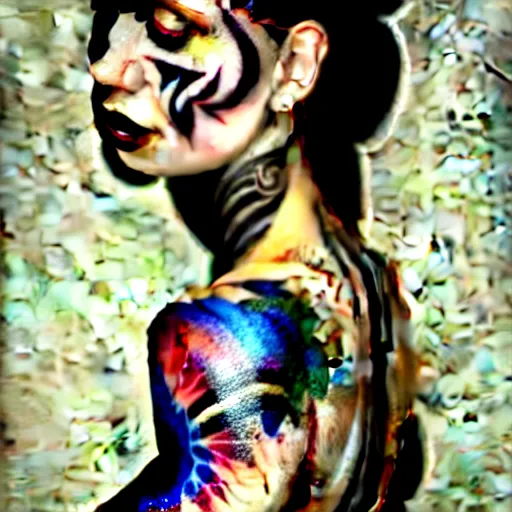 Image similar to a painting of a woman with tattoos on her body, an airbrush painting by Johannes Voss, featured on cgsociety, fantasy art, airbrush art, detailed painting, digital painting-H 1024