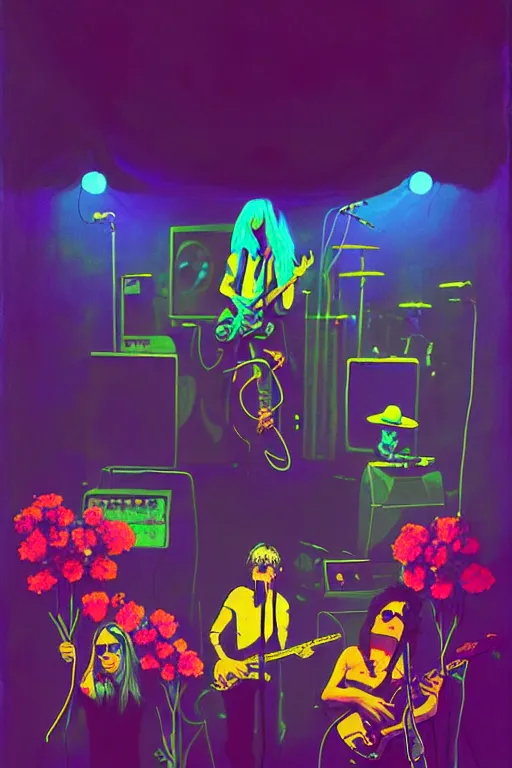 Image similar to the velvet underground and nico playing live on stage at a night club, beautiful stage decoration with flowers in the background, painting by simon stalenhag, very detailed and colorful and toned down and ornamental and moody and cool and relaxed and high on drugs, trending on artstation, behance contest winner