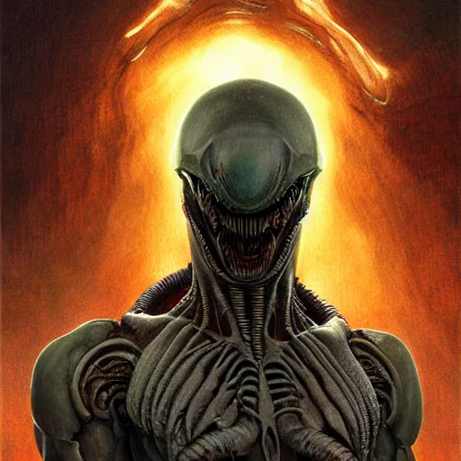 Image similar to An attractive beautiful xenomorph, fullbody, intricate, horror, highly detailed, artstation, cosmic crystals, black hole, concept art, smooth, sharp focus, illustration, art by greg rutkowski and orientalism and bouguereau and Zdzislaw Beksinski, good clear quality, lighting, biology, symmetrical artwork, perfect face, 135 mm, cinematic, hyper realism, high detail, octane render, 8k, chrome accents