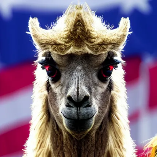 Prompt: 4 k highly detailed llama integrated with donald trump giving a presidential speech in front of a cheering crowd