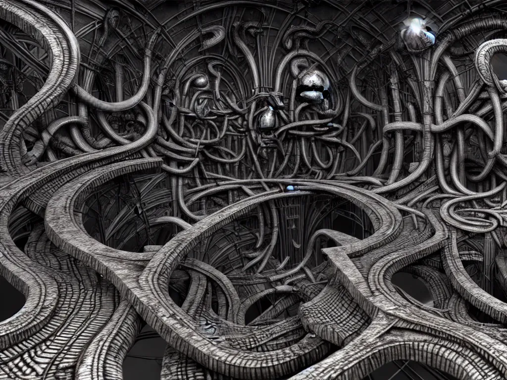 Image similar to hr giger landscape, neo surrealism, art by ernst haeckel and daniel martin diaz and mc escher, 8 k, unreal engine render