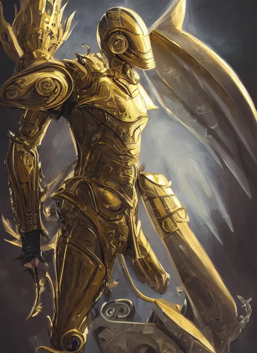 Image similar to knight with angel vibe in heavy gold and white armor, full body silhouette. dark water, tentacles, cyberpunk pearl armor, futuristic fantasy, highly detailed, digital painting, trending on artstation, concept art, sharp focus, illustration, art by artgerm and nixeu and greg rutkowski and magali villeneuve.