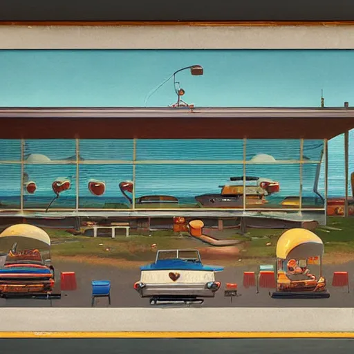 Image similar to drive - in burger restaurant by the beach by simon stalenhag