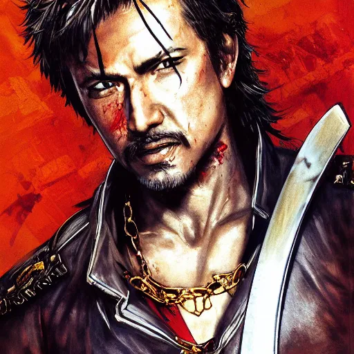 Image similar to portrait of a hero holding his sword in front of his face by yoji shinkawa, high quality, extra details, realism, ornate, colored, golden chain, blood, white skin, short hair, brown eyes, vivid, sunlight, dynamic, american man, freedom