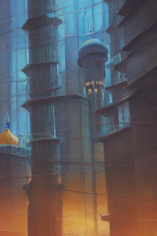 Prompt: painting of a mosque, cyberpunk style