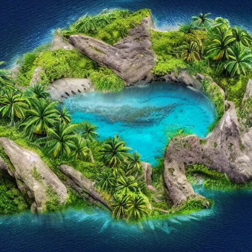 Prompt: Long forgotten undiscovered secret tropical island, matte painting, concept art, top down view