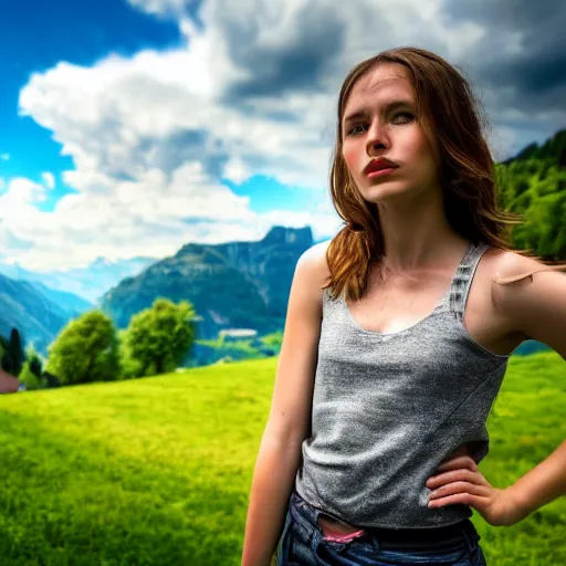 Image similar to a beautiful photograph of a girl with switzerland landscape in the background with trees, hdr, 8 k, high quality, sharp focus, artstation, highly detailed, award - winning, dramatic lighting, beautiful clouds, and nature