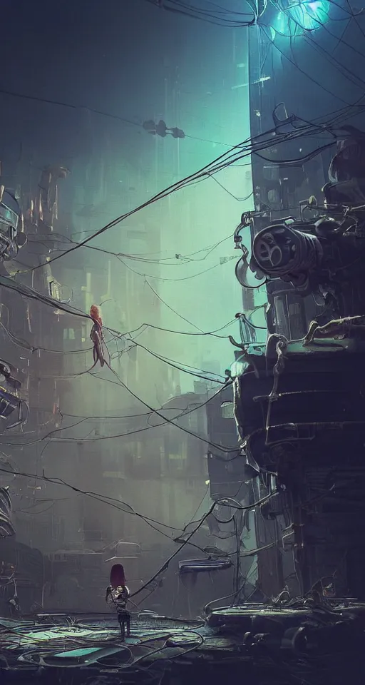 Image similar to beautiful low angle painting of an alien world with unknown structures and technology, steampunk, wires everywhere, junk on the ground, neon lights, a tiny girl watching on, moody atmosphere, epic composition, dramatic lighting, trending on artstation, octane render, by robert zemeckis