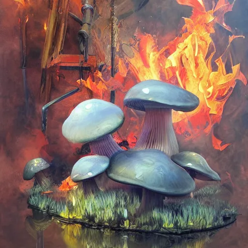 Prompt: a mushroom firefighter, fire and water, light and shadow, glowing, vivid, detailed painting, by Ross Tran, by Jenny saville and justin mortimer and ben aronson, high detail, trending on artsation, masterpiece, award winning