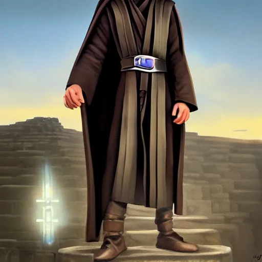 Prompt: anakin at the steps of the jedi temple, oil paint, concept art, art station, highly detailed, nighttime