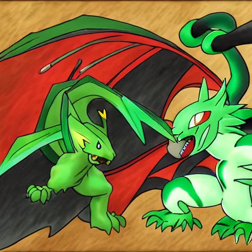 Prompt: a green dragon fighting fire type pokemon.