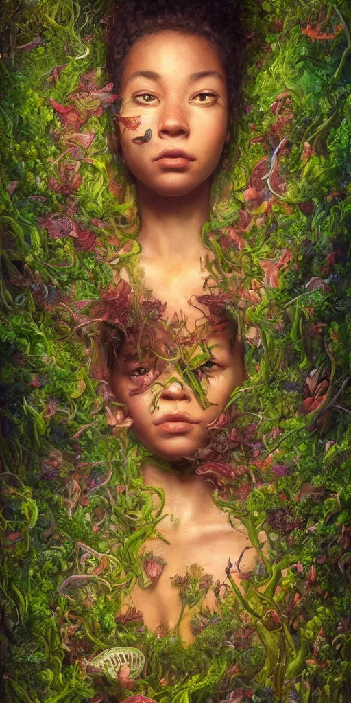 Prompt: top view, full body, lying mulatto girl with beautiful face inside the venus flytrap, gorgeous, intricate, volumetric lighting, scenery, digital painting, highly detailed, artstation, concept art, ruan jia, steve mccurry, ultra detailed painting at 16K resolution and epic visuals, epically surreally beautiful image, amazing effect