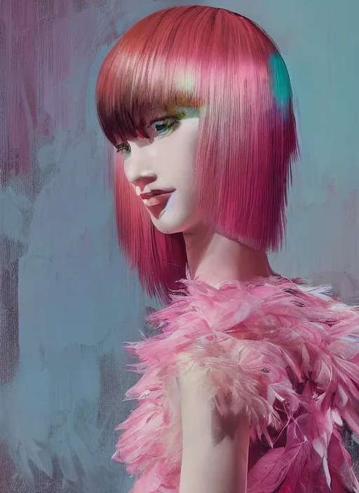 Prompt: beautiful young girl with an pink eccentric haircut wearing an dress made of feathers, artwork made by ilya kuvshinov, inspired in donato giancola, hd, ultra realistic, reflection, stage