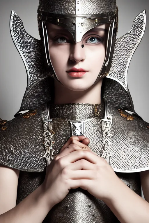 Prompt: glamour medieval female knight, designed by gucci, luxury materials, symmetrical, cinematic, elegant, professional studio light, real dlsr photography, sharp focus, 4 k, ultra hd, sense of awe, medieval high fashion
