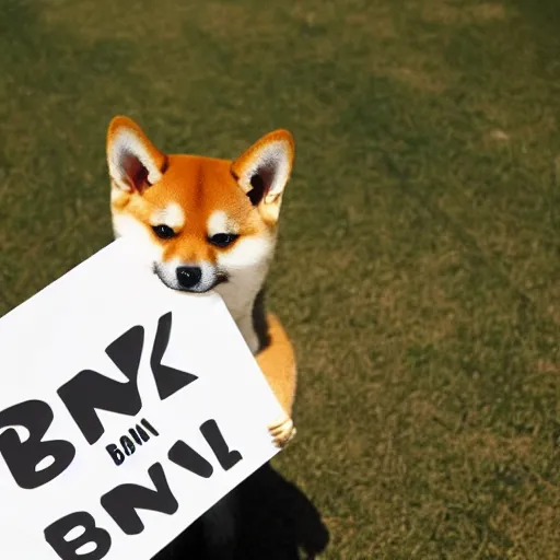 Image similar to shiba inu holding holding a sign with text that reads bonk, in paws