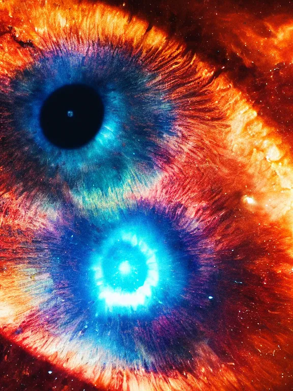 Prompt: close - up photo of human eye, transforms into a nebula, 4 k