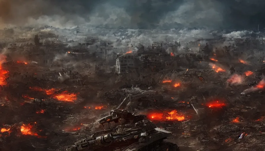 Image similar to Cinematic view of soldiers in a battlefield firing missiles at giant spider in a destroyed city at day, fire and ashes, smoke columns, tanks and helicopters, apocalypse, wide view, hyperdetailed, artstation, cgsociety, 8k
