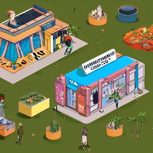 Image similar to idyllic isometric cartoon render of a new cannabis club in australia, popular place to be