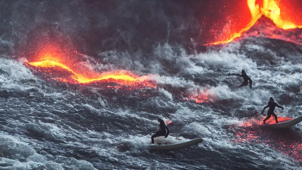 Prompt: people in suits of armor surfing down a river of lava on the side of a volcano on surfboards, action shot, dystopian, motion blur, sharp focus, cinematic