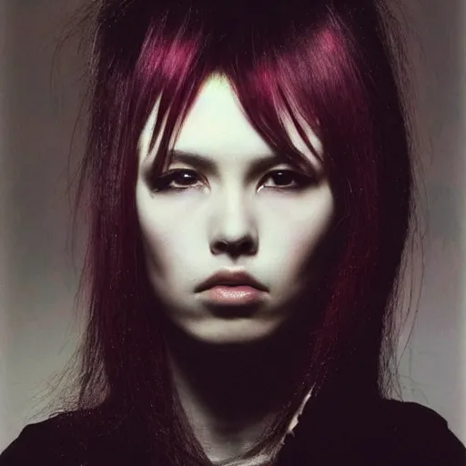 Image similar to A beautiful young woman with dyed hair hair looking disgusted away from the camera, Punk, Portrait by Noriyoshi Ohrai