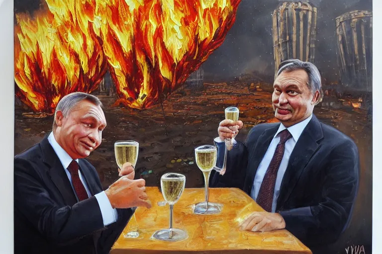 Image similar to viktor orban drinking champagne with putin in front a burning city, highly detailed eyes, oil painting