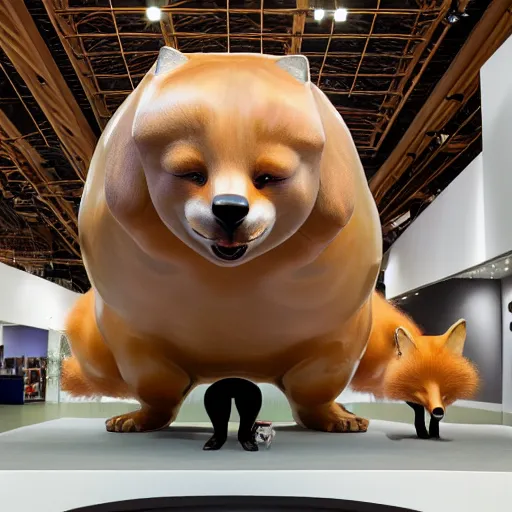 Prompt: rotund obese fox, glossy resin statue, Ron Mueck masterpiece in exhibition, wide angle shot