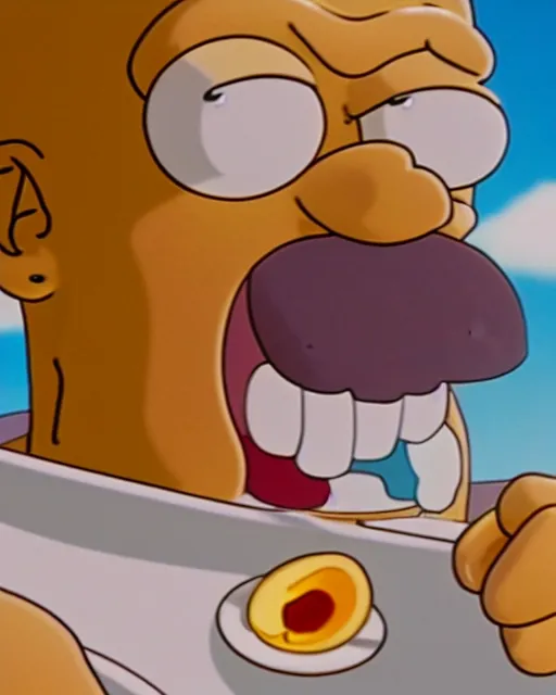 Image similar to film still close - up shot of homer simpson eating eggs on the beach from the tv show rick & morty. photographic, photography