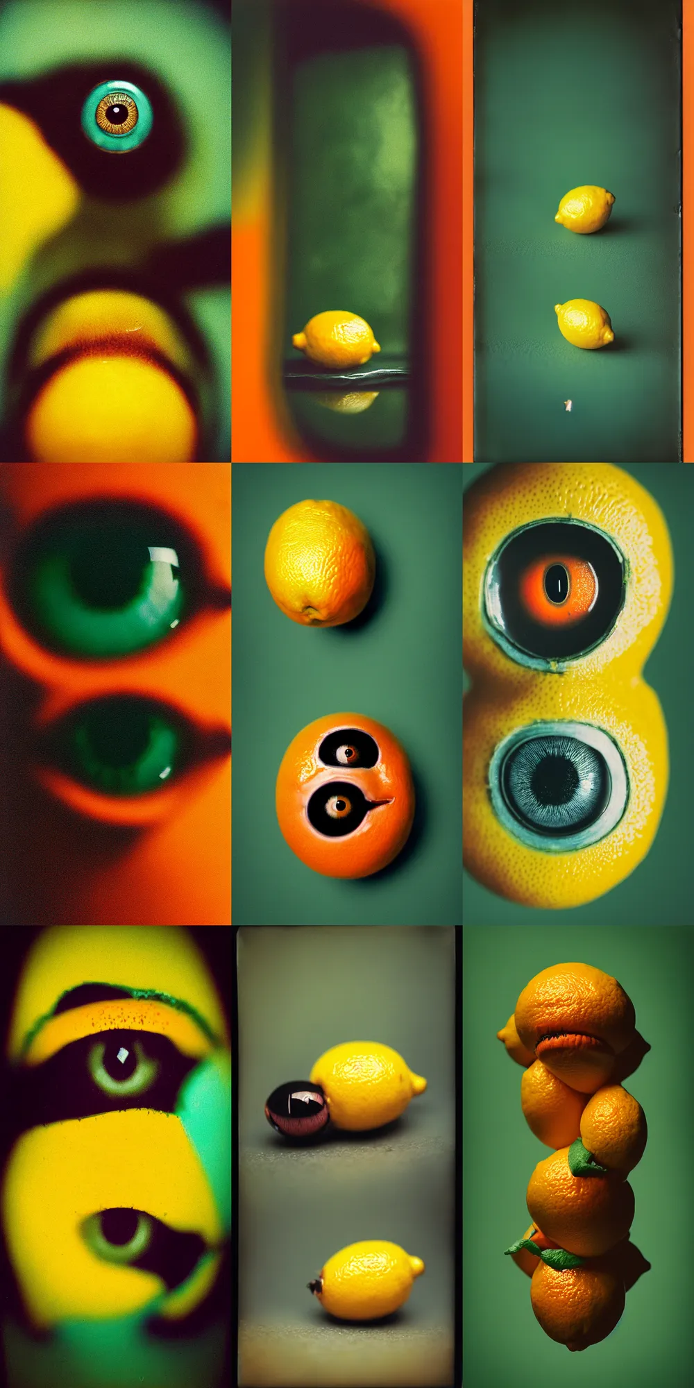 Image similar to kodak portra 4 0 0, wetplate, ant's eye view, 8 k, shot of a highly detailed, britt marling style, colour still - life portrait of a lemon looks like 1 9 9 9 joker, motion blur, teal and orange, muted coloures