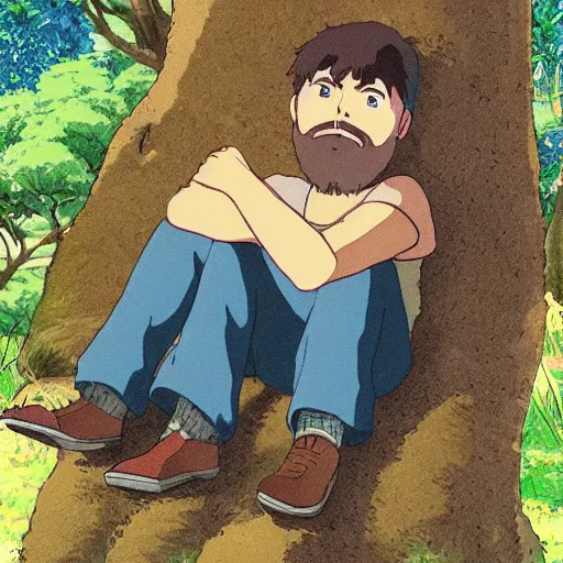 Image similar to gabriel boric sitting at a tree made by studio ghibli, detail, high quality, detailed, beautiful scene, smooth, relaxing