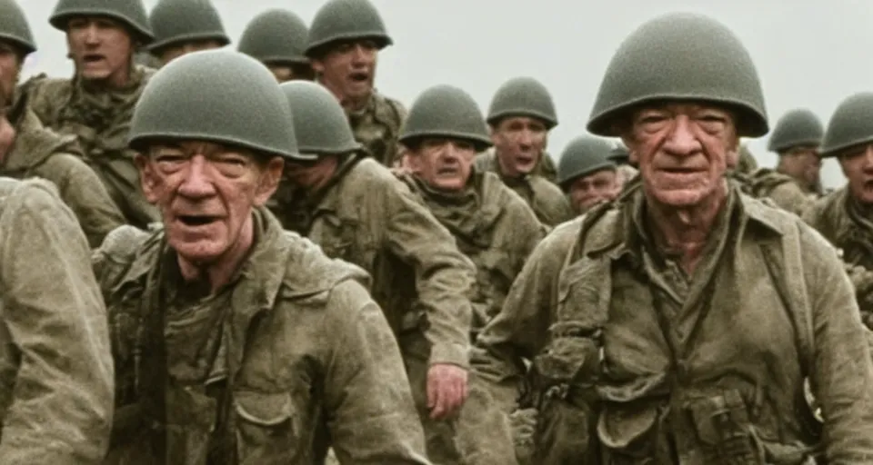 Image similar to Film still of Ian McKellan as a soldier storming beaches of Normandy in Saving Private Ryan