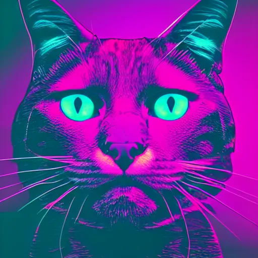 Image similar to cat head outline, portrait, vaporwave, synthwave, neon, vector graphics, cinematic, volumetric lighting, f 8 aperture, cinematic eastman 5 3 8 4 film, lightning in background