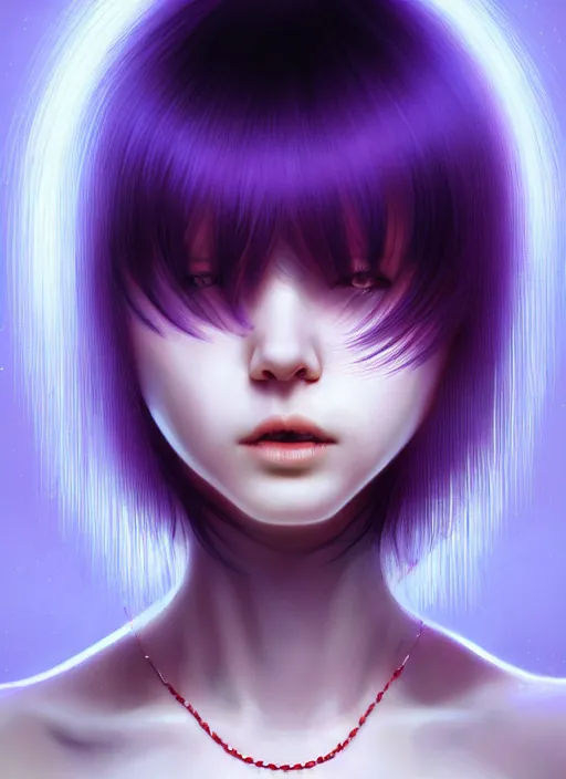 Image similar to hair whitebangs hair, black hair, whitebangs, portrait of teenage girl with white bangs, red irises, purple clothes, white bangs, bangs are different color from hair, intricate, elegant, glowing lights, highly detailed, digital painting, artstation, concept art, smooth, sharp focus, illustration, art by wlop, mars ravelo and greg rutkowski