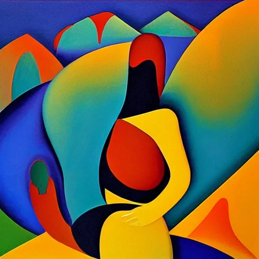 Image similar to woman woman as the natural landscape, her curves form the mountains and rivers of this land , high quality art in the style of cubism and georgia o’keefe,