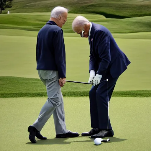 Image similar to joe biden holds the flagpin for xi jingping while he putts on a golf green. official media.