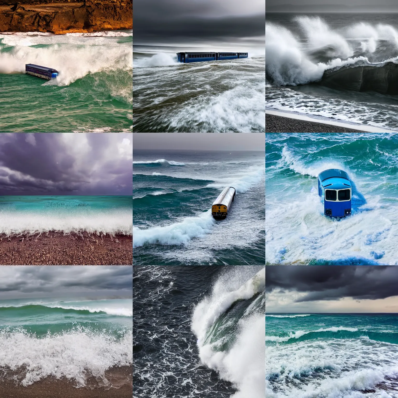 Prompt: a train on a beach in the middle of a large wave, a stock photo by jean colombe, shutterstock contest winner, symbolism, stockphoto, stock photo, ominous vibe