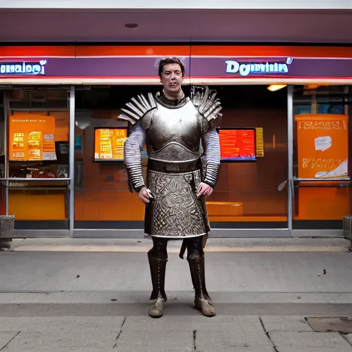 Image similar to cinematic shot of julius caesar wearing roman armor and standing outside of a dunkin donuts store, 8 k, very detailed, very intricate,