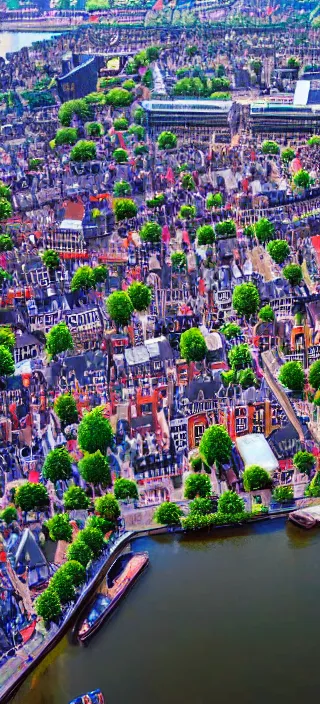 Image similar to a large oil painting of a drone view of amsterdam