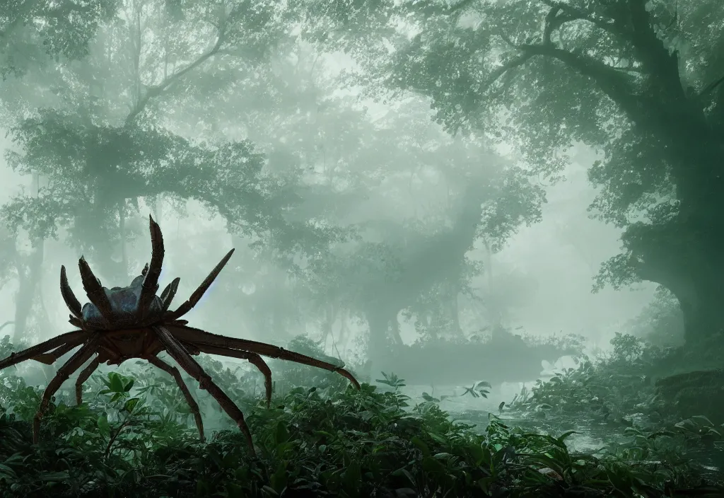 Prompt: an giant crab king emerging from the waters, in a jungle, ominous light from above, ambient light, fog, river, very poetic