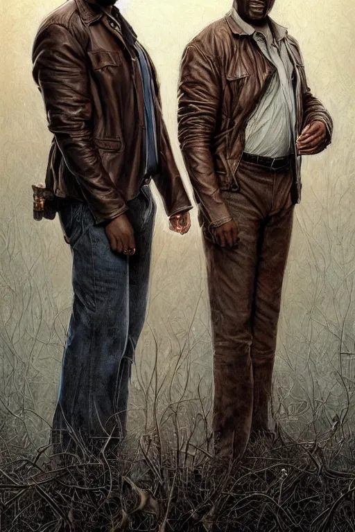 Prompt: a man in a brown leather jacket and a black man in a white shirt. in the style of of true detective fanfare. art by tomasz alen kopera and glenn fabry.