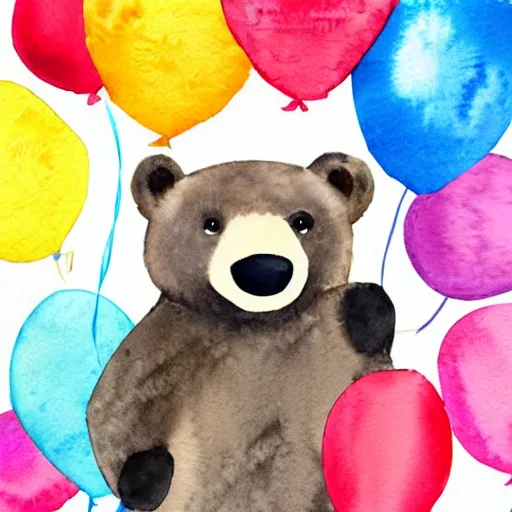 Image similar to watercolor cute animated bear holding birthday balloons, white background,