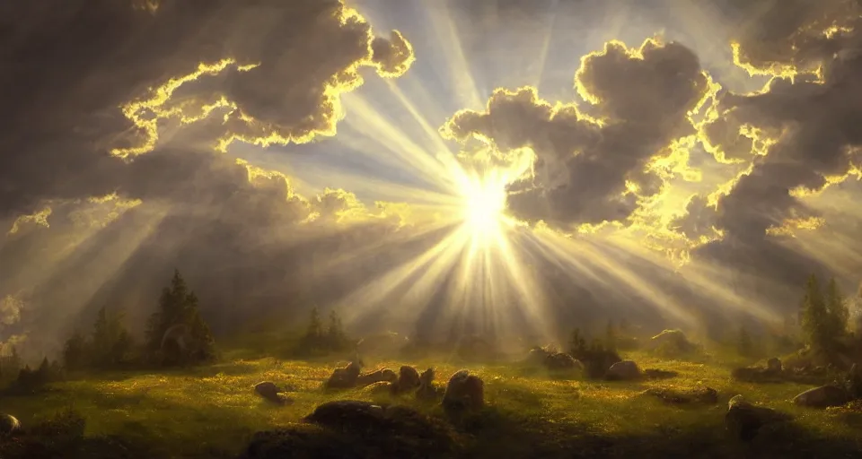 Prompt: heaven with angels floating on clouds god rays, by eugene von guerard, ivan shishkin, dramatic lighting, concept art, trending on artstation, 8 k