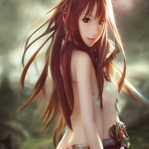 Image similar to photograph from below : a very beautiful young yuuki asuna, highly detailed, cinematic wallpaper by stanley artgerm lau