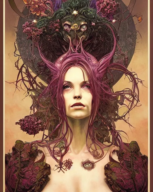 Prompt: centered portrait of a angry rotten beautiful female growing ornamentation all around, ornate, ornaments, detailed, symmetrical, end of the world, elegant, beautifully soft lit, by wayne barlowe, peter mohrbacher, kelly mckernan, alphonse mucha