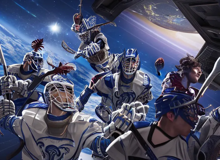 Image similar to lacrosse team versus chitauri, playing intergalactic championship, in space, highly detailed, 8k, intricate, sony a7r iv 55mm, award winning.