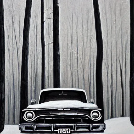 Image similar to rusty ford bel air in winter forest, grey scale, oil painting by Bob Ross