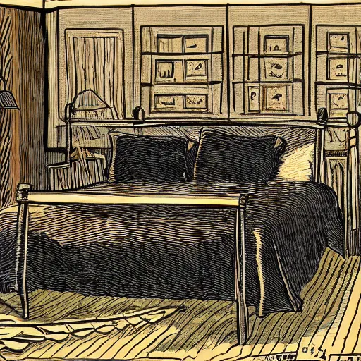 Prompt: illustration of a president hiding nuclear bombs under his bed, in style of guilloche