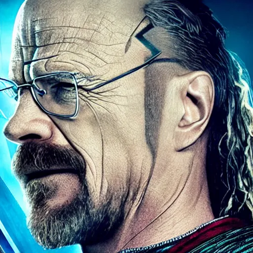 Prompt: Walter White as Chris Hemsworth as Thor, still from Thor Ragnarok