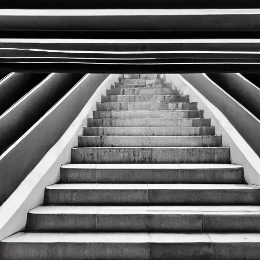 Image similar to black and white surreal photograph, highly detailed vast space made of stairsteps, sideview, detailed textures, natural light, mist, architecture photography, film grain, soft vignette, sigma 1 4 mm f / 1. 4 1 / 1 0 sec shutter, imax 7 0 mm footage