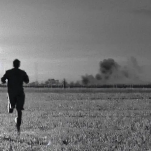 Image similar to cctv footage of a man running across a field, in the background is a large explosion, highly detailed, very realistic.