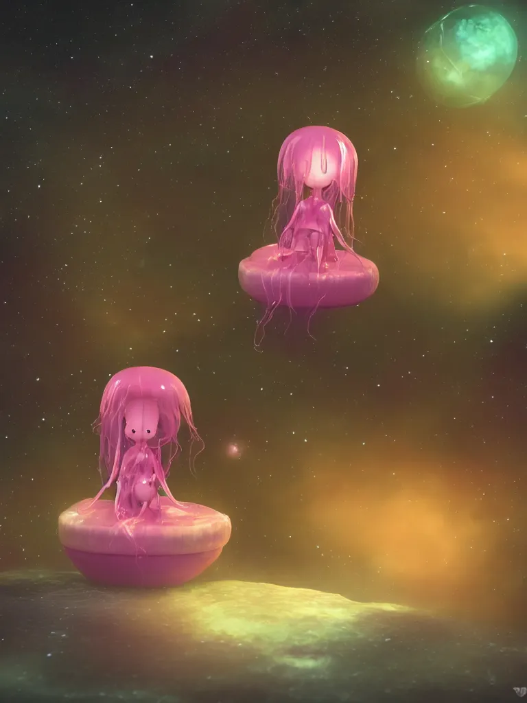 Image similar to cute fumo plush alien jellyfish girl sitting on a small island floating in the dark galactic abyss, heart eyes, vignette, vray